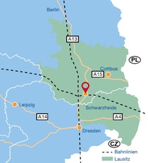 Karte: Wegbeschreibung zum Standort Industriepark Lausitz Karte: Wegbeschreibung zum Standort Industriepark Lausitz